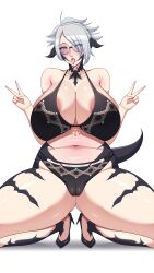 areola_peek areolae_slip areolae_visible_through_clothing au_ra bbw big_breasts final_fantasy_xiv glasses green_eyes huge_breasts ikaroa_ruaumoko nipple_slip scales squatting squatting_position swimsuit tail white_background white_hair xaela