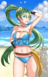 alternate_costume bikini blue_bikini blue_swimsuit breasts female female_only fire_emblem fire_emblem:_the_blazing_blade fire_emblem_heroes green_eyes green_hair lyn_(fire_emblem) lyn_(summer)_(fire_emblem) nintendo official_alternate_costume solo standing swimsuit tarutaru193