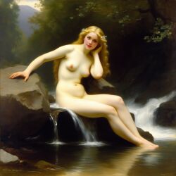 ai_generated belly blonde_hair blue_eyes breasts curly_hair curvy lips long_hair navel nipples nude nude_female presenting realistic sitting sitting_on_rock small_breasts smile solo water waterfall william_bouguereau