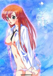 1girls blush bottomless breasts code_geass female long_hair necktie no_bra open_mouth panties panty_pull shirley_fenette solo underwear undressing