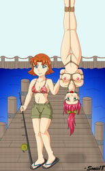 ball_gag between_labia bikini blue_eyes bondage bow brown_hair crotch_rope fishing_rod flip-flops gag green_eyes innie_pussy pink_hair ponytail shorts sonic18 swimsuit tied_hair