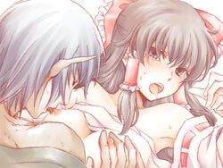 black_hair bow breast_grab breasts buront couple crossover detached_sleeves elf elvaan female final_fantasy final_fantasy_xi hairbow human licking meg_maru2 nipple_lick nipple_licking nipples open_mouth pointy_ears reimu_hakurei ribbon saliva sarashi silver_hair tears the_iron_of_yin_and_yang touhou