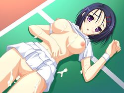 47agdragon after_sex blue_hair blush breasts censored clothing cum cum_on_body cum_on_breasts cum_on_leg cum_on_lower_body cum_on_upper_body cumdrip facial female lying medium_breasts mizuhara_yuu moritan nipples no_panties puffy_nipples pussy sairenji_haruna sherbetsoft shirt shirt_lift skirt tennis tennis_uniform to_love-ru tohgarashi_hideyu wristband