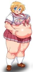 artist_request belly blonde_hair blue_eyes bra breasts fat female female_only human large_breasts lingerie lucky_star obese patricia_martin plump school_uniform solo thick_thighs thighs tummy_grab underwear