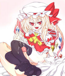 black_legwear black_thighhighs blonde_hair bottomless bow censored cute_fang feet female flandre_scarlet hat penis red_eyes ribbon sitting thighhighs touhou wings wrist_cuffs