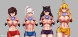 4girls abs absurd_res aestheticc-meme ahoge areolae artist_name big_breasts black_hair blake_belladonna blonde_hair blue_eyes breasts breasts_apart brown_hair clothing coloured english_text fanart faunus female female_only grey_eyes gym_uniform hair hair_ribbon hourglass_figure huge_breasts human large_breasts long_hair looking_at_viewer multiple_girls navel nipples no_bra ponytail presenting presenting_breasts purple_eyes ruby_rose rwby shorts signature silver_eyes simple_background smile sportswear team_rwby text thigh_gap thighs thighs_together topless topless_female watermark weiss_schnee white_hair wide_hips yang_xiao_long yellow_eyes