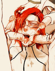 5boys arrancar artist_request bleach cum cum_in_mouth double_handjob ejaculation espada facial four_on_one glasses group_sex hair_grab handjob male multiple_boys multiple_penises open_mouth penis red_hair szayelaporro_granz tongue yaoi yellow_eyes