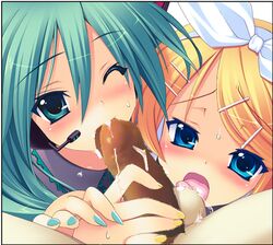 1boy 2girls artist_request ball_lick collaborative_fellatio cum fellatio green_hair hair handjob hatsune_miku himukai_kyousuke kagamine_rin looking_at_viewer multiple_girls oral penis teamwork testicles threesome vocaloid wince