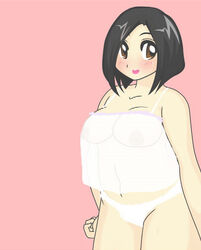 bb black_hair breasts brown_eyes camisole curvy female large_breasts no_bra original rockmace see-through short_hair simple_background