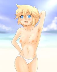 beach bikini blonde_hair blue_eyes breasts clouds female female_only highres human lucky_star ocean patricia_martin sand sky smile solo swimsuit wet