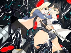 2girls censored clothing cum eye_patch flat_chest glasses large_breasts lolita_channel multiple_girls one-piece_swimsuit pantyhose perrine_h_clostermann sakamoto_mio strike_witches swimsuit sword tentacle world_witches_series