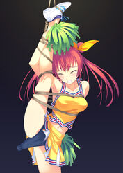 1girls armpit bare_shoulders blush bondage breasts buruma buruma_pull cheerleader clenched_teeth closed_eyes collarbone f-ism female female_focus female_human female_only hair_ribbon highres human human_female human_focus human_only leg_up long_hair medium_breasts murakami_suigun navel on_one_foot original pom_poms raised_leg red_hair restrained ribbon sex_toy shoes skirt sneakers solo spread_legs tears twintails