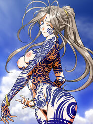 1girls belldandy big_breasts blue_eyes bracelet breasts brown_hair curvy facial_mark female forehead_mark full_body_tattoo goddess highres jewelry joy_division lips long_hair medium_breasts nipples nude oh_my_goddess! pale-skinned_female pale_skin ponytail pubic_hair sky smile solo tattoo thick_thighs tied_hair wide_hips wink