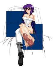barefoot blush boots breasts cum cum_on_body cum_on_breasts cum_on_feet cum_on_lower_body cum_on_upper_body feet female footjob ghost_in_the_shell ghost_in_the_shell_stand_alone_complex kusanagi_motoko toes white_background