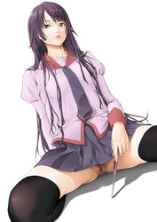 blue_eyes box_cutter censored color female female_only kaminagi_loop kneeling long_hair monogatari_(series) necktie no_panties pubic_hair purple_hair pussy school_uniform senjougahara_hitagi skirt solo spread_legs thighhighs white_background