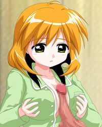 andou_minawa blush breasts censored female green_eyes mahoromatic male open_clothes open_shirt orange_hair paizuri pajamas penis shirt short_hair straight