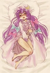 barefoot bed bed_sheet blush body_blush bow breath crescent crescent_moon dress dress_lift eyewear feet female female_only fingering from_above glasses hairbow hat human large_bow legs long_hair lying masturbation open_mouth patchouli_knowledge pillow purple_eyes purple_hair robe sketch solo touhou tsun_(tsuncha) tsuncha