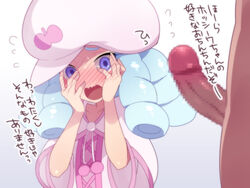 1boy blue_eyes blue_hair blush censored clothing dark-skinned_male drill_hair embarrassed female full-face_blush happinesscharge_precure! hat hosshiwa mogiki_hayami mosaic_censoring open_mouth penis precure pretty_cure solo_focus speech_bubble text translated