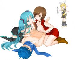 blue_hair breasts cum female green_hair hatsune_miku kagamine_rin kaito_(vocaloid) male meiko penis simple_background vocaloid