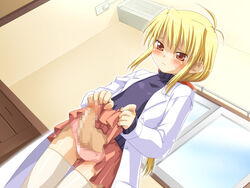 blonde_hair blush censored erection from_below futanari intersex kannazuki_genshi kinosaki_yuu l-laboratory penis red_eyes skirt skirt_lift sweatdrop thighhighs trouble_trap_laboratory turtleneck