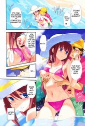 1girls bikini blue_eyes blush breast_grab breasts brown_hair censored erect_nipples female hat inu777 long_hair navel one_breast_out open_mouth penis red_hair sky swimsuit translated water