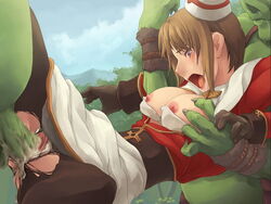 1girls areola big_penis blush breasts brown_hair crying cum cum_inside dark_matrix deep_penetration drooling excessive_cum female interspecies male monster moonshell nipples open_mouth orc overflow pale-skinned_female pale_skin penis purple_eyes ragnarok_online rape restrained short_hair tears torn_pantyhose