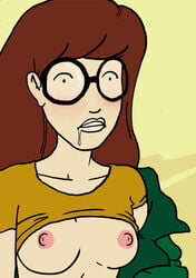 areolae breasts brown_hair clothing cum cum_in_mouth daria daria_morgendorffer female female_only glasses human medium_breasts nipples shirt_lift solo sparrow_(artist) swallow topless