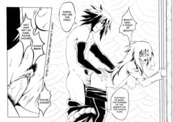 1boy 1girls ass ass_grab bad_anatomy blush bouncing_breasts breasts comic doggy_style female gloves human impregnation male monochrome naruto nipples penis pussy sasuke_uchiha sex straight tabe-chan text typo uzumaki_karin vaginal_penetration veins veiny_penis