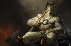 2014 axe biceps big_muscles bondage_gear clothed clothing dragon flaccid glowing glowing_eyes grasp half-dressed harness horn jiandou looking_at_viewer male male_only manly markings muscles navel open_mouth pecs penis red_eyes sitting sitting_on solo vein veiny_penis weapon wristband