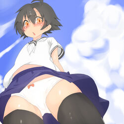 1girls blush clothed clothed_female female female_only history's_strongest_disciple_kenichi honoka_shirahama looking_at_viewer low-angle_view non-nude sky solo tagme thighhighs upskirt white_panties