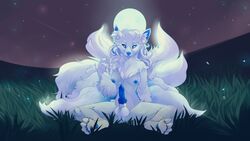 1girls 2019 4_toes alolan_ninetales animal_genitalia animal_penis anthro anthrofied areolae big_tail blue_eyes blue_penis blue_skin breasts canine_penis claws dickgirl elvche erection feet furry grass hi_res intersex knot moon multi_tail night ninetales nintendo nipples nude outdoors paws penis pokémon_(species) pokemon pokemon_sm pussy sitting sky solo spread_legs tail video_games wallpaper white_fur