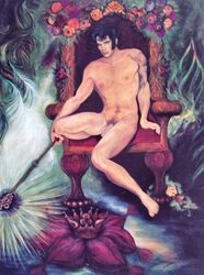 1boy black_hair chair crown cushion elvis_presley flaccid_penis flowers holding_object human human_only king male male_only muscular muscular_male musician nude scepter sitting solo solo_male somber tagme throne toned uncut