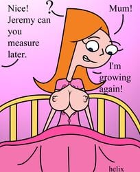 bed blue_eyes breast_expansion breasts breasts_out candace_flynn female female_only helix human large_breasts long_hair nipples orange_hair phineas_and_ferb solo