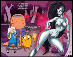 adventure_time areolae backpack bag bite_mark black_hair blonde_hair blush breasts chogori english_text fangs female finn_the_human floating forest grey_skin hand_on_hip human jake_the_dog large_breasts long_hair magic male marceline nipples outdoors pale_skin panties pointy_ears side_shave smile text thick_lips topless vampire very_long_hair