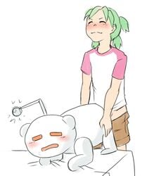 4chan ahe_gao ambiguous_gender ambiguous_penetration anthro blush green_hair mascot reddit size_difference snoo white_background yotsuba&! yotsuba_koiwai