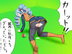 ace_trainer_(pokemon) ace_trainer_(pokemon_bw) all_fours ass blue_hair blush boots color female female_only hair human japanese_text npc_trainer pantyhose poke_ball pokemon pokemon_bw pussy solo tagme text torn_clothes torn_pantyhose