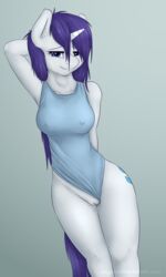 2015 anthro anthrofied arm_behind_head arms_behind_back blue_eyes breasts clothing cutie_mark equine erect_nipples female friendship_is_magic fur hair horn looking_at_viewer mammal my_little_pony nipples one-piece_swimsuit purple_hair pussy pussy_juice rarity_(mlp) smile solo staggeredline straight_hair swimsuit unicorn white_fur