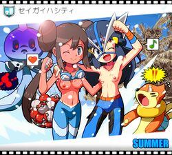 2girls breasts collarbone dawn_(pokemon) female female_focus gym_leader_(cosplay) multiple_girls nipples pokemon pokemon_bw2 pokemon_dppt rorretsim rosa_(pokemon) small_breasts tan tanline topless topless_female wink winking winking_at_viewer yuri