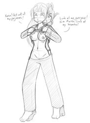 angry animal_ear blush breasts closed_eyes clothing dialogue embarrassed english_text female human humanoid karen_taverndatter long_hair maren_taverndatter monochrome multiple_girls navel nipples open_mouth pussy shirt_lift short_hair sketch text tom_fischbach twokinds webcomic yuri