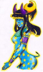 black_hair blue_skin breasts egyptian_mythology horns nude nut_(mythology) strawberrysquid tagme yellow_eyes