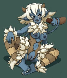 ankama barefoot blue_skin breasts disembodied_penis dontfapgirl feet female horns navel nipples no_bra no_panties osamodas penis pointy_ears pussy tail tailjob toes uncensored wakfu white_hair