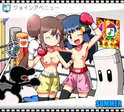 2girls boxing boxing_gloves boxing_ring boxing_shorts casual_nudity casual_topless crossover cute dawn_(pokemon) duo female game_and_watch gloves light-skinned_female light_skin mr._game_and_watch multiple_girls nintendo nonsexual_nudity one_eye_closed open_mouth pink_boxing_gloves pink_gloves pokemon pokemon_bw2 pokemon_dppt rorretsim rosa_(pokemon) sandbag sandbag_(super_smash_bros.) small_breasts smile super_smash_bros. tagme topless white_boxing_gloves white_gloves wink