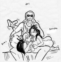 1boy 2girls artist_signature black_and_white collaborative_fellatio double_fellatio eric_(menage_a_3) fellatio long_hair_male menage_a_3 sketch sonya_(menage_a_3) sunglasses suzi_nielsen tagme tank_top taz_(artist) teamwork threesome zii