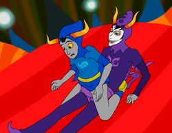 2boys black_hair bulge clothing facepaint gamzee_makara grey_skin homestuck horns imminent_sex male male_only ms_paint_adventures open_mouth penis sharp_teeth short_hair tavros_nitram troll yaoi yellow_eyes