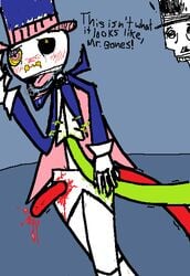 2003 2004 blushing bow bowtie clothing english_text glasses gore open_mouth orange_eyes orange_glasses oshare_bones phoal_aslen pink_eyes purple_bow purple_bowtie puyo_(puyopuyo) puyo_puyo puyo_puyo_fever saliva sega skeleton sketch tagme tailcoat tongue top_hat