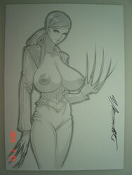 1girls areolae asian asian_female big_breasts breasts cleavage cyborg daikon exposed_breasts female female_only huge_breasts lady_deathstrike marvel marvel_comics monochrome mutant nipples photo_(medium) ponytail sagging_breasts sharp_claws solo solo_female tagme traditional_media traditional_media_(artwork) x-men x-men_(movie_series) yuriko_oyama