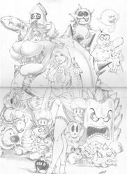 1girls artist_request bob-omb boo_(mario) bowser breasts bullet_bill female front_view goomba human interspecies koopa koopa_troopa lakitu male mario_(series) monochrome mushroom nintendo piranha_plant princess_peach shell shy_guy size_difference sketch spiky_shell spiny super_mario_bros. tagme thwomp wiggler