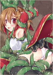 1girls aincrad armor armpits ayano_keiko clothed eye_contact imminent_rape imminent_sex interspecies looking_at_viewer panties restrained shirt silica single_girl skirt source_request sword_art_online tentacle tentacles wet