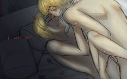 2boys artist_request bed blonde_hair dave_strider dialogue dirk_strider homestuck incest male ms_paint_adventures naked open_mouth pillow red_eyes short_hair sweat text white_skin yaoi