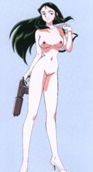 1girls 90s animated black_hair breasts curvaceous edit female female_focus female_only giant_robo ginrei gloves green_hair gun high_heels human kubooka_toshiyuki large_breasts long_hair looking_at_viewer naked naked_footwear naked_gloves naked_heels nipples nude nude_filter official_art pale-skinned_female pale_skin pussy solo solo_focus weapon wide_hips